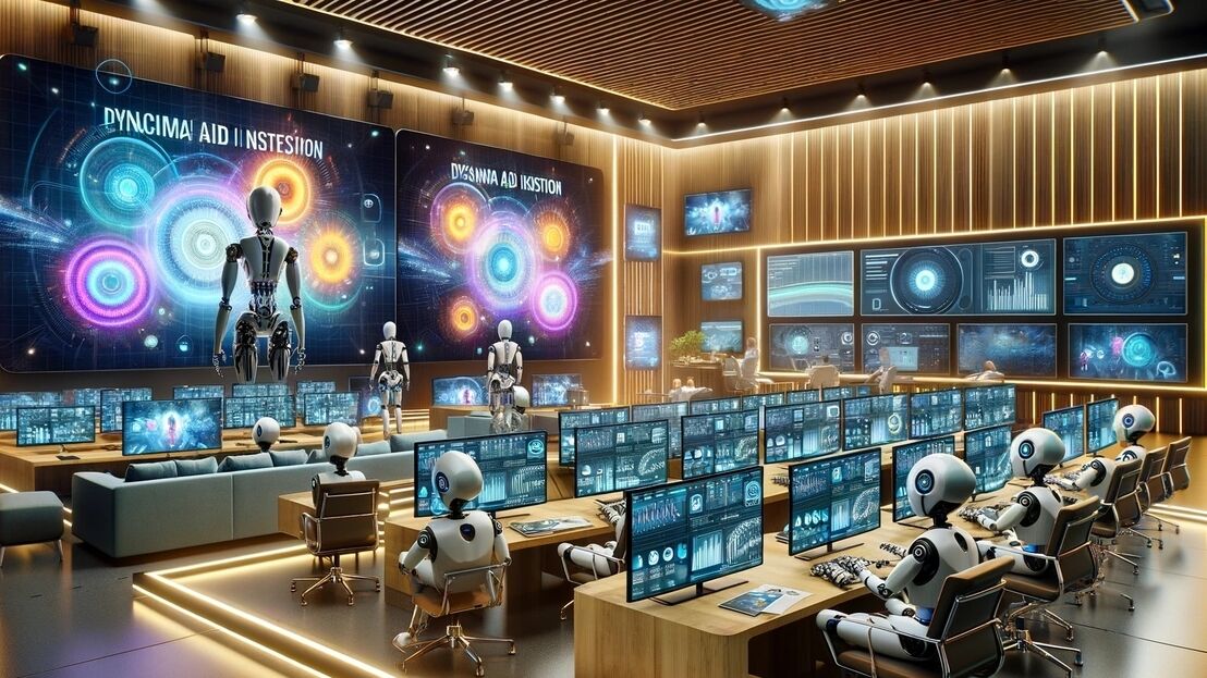 AI has the potential to power interactive ads that adapt to user interactions in real-time, with a futuristic broadcast studio using AI